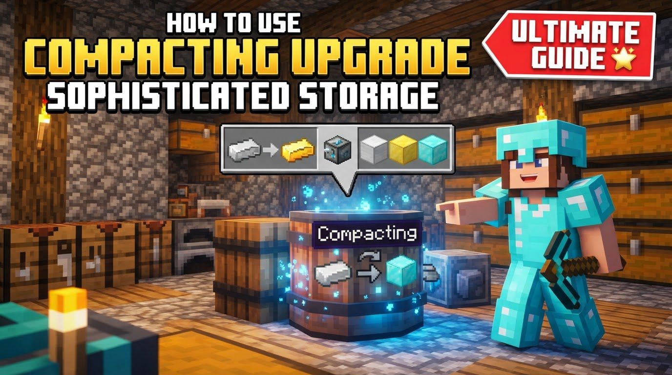 An open Sophisticated Chest with a Compacting Upgrade installed, showing iron ingots automatically transforming into iron blocks within its inventory.