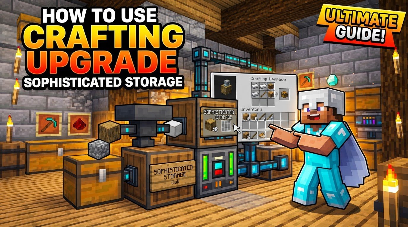 A player's screen showing a Sophisticated Chest inventory with a Crafting Upgrade installed, displaying a 3x3 crafting grid filled with wood planks and sticks, with a pickaxe in the output slot.