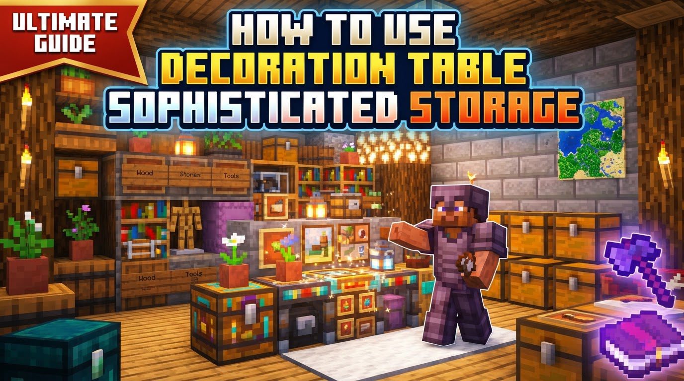 A player customizing a Sophisticated Storage barrel at a Decoration Table in a well-lit workshop.