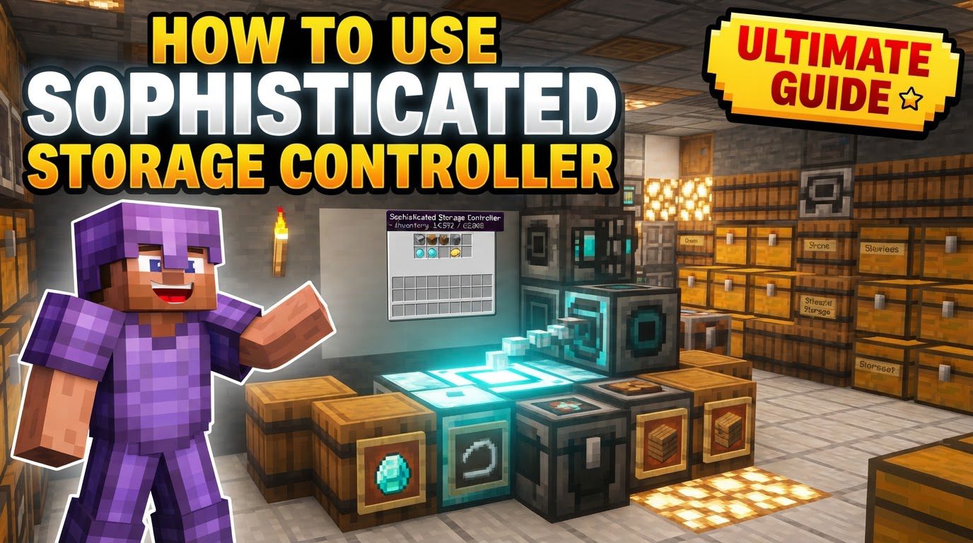 A player interacting with a Sophisticated Storage Controller connected to an array of chests and barrels, with an AE2 Storage Bus visible on the controller.