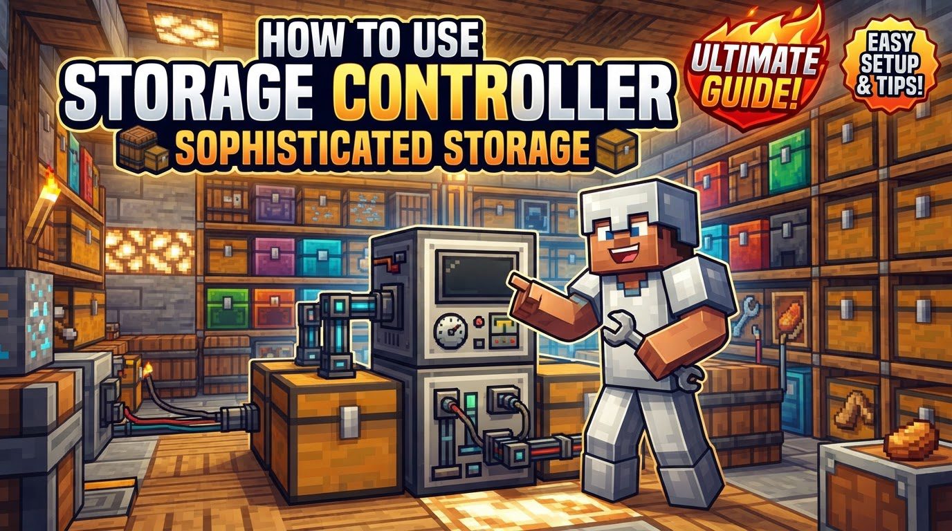 A player standing in front of a wall of sophisticated storage barrels and chests, all connected to a central storage controller block.