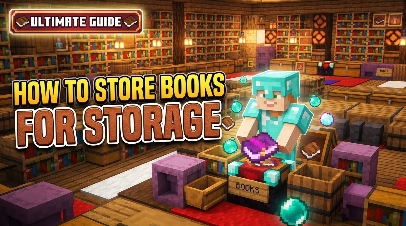 A neatly organized Minecraft library with chiseled bookshelves full of books, chests labeled with item frames displaying various enchanted books, and a regular bookshelf setup near an enchanting table.