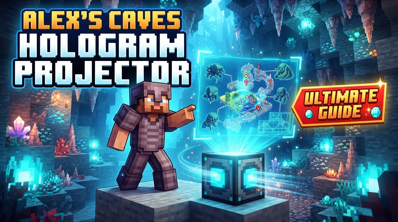 A Minecraft Hologram Projector casting a shimmering, slightly distorted image of a player character in a dark cave environment.