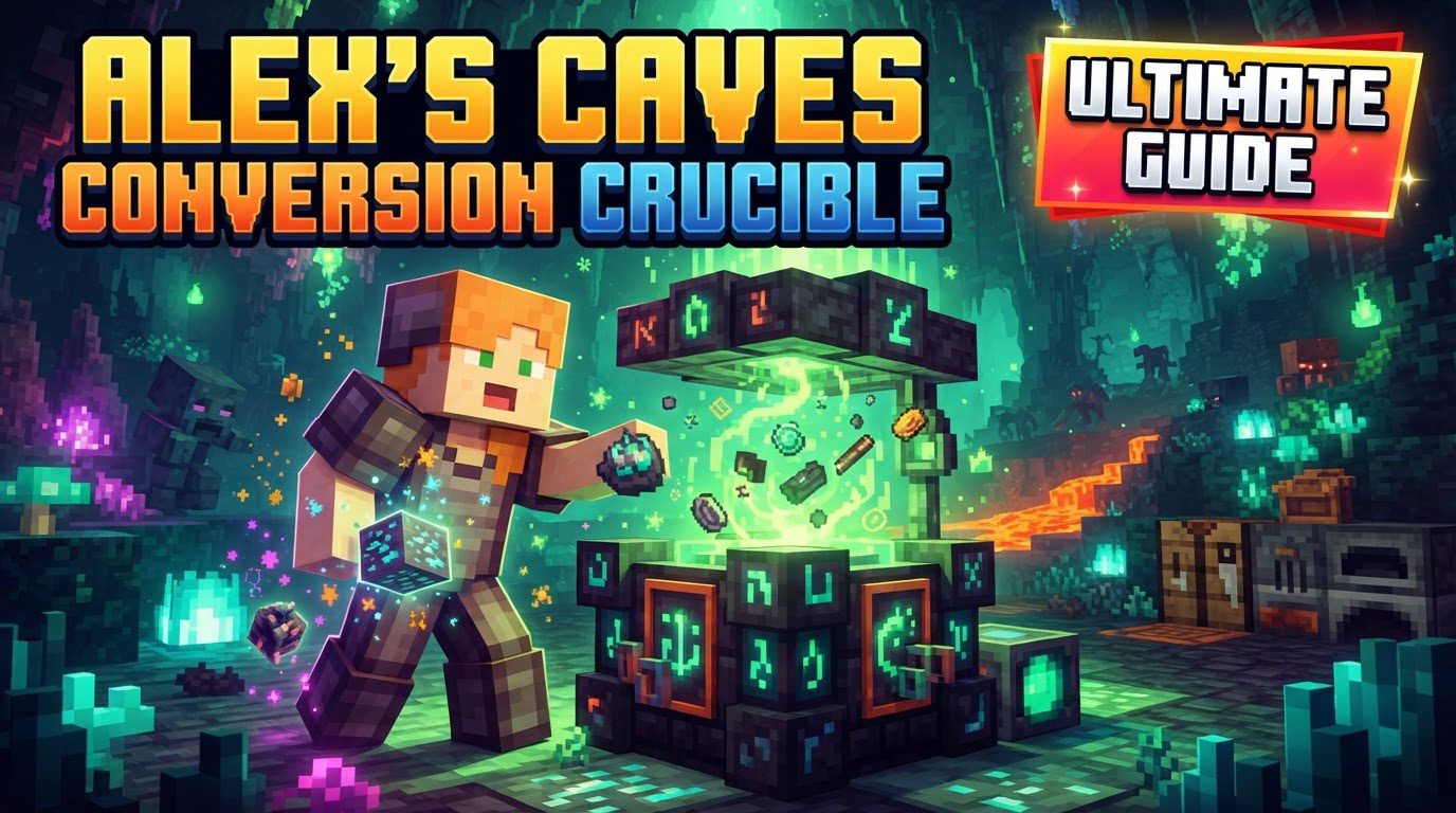 A glowing Conversion Crucible sits amidst a changing landscape, with new biome blocks and plants appearing around it.
