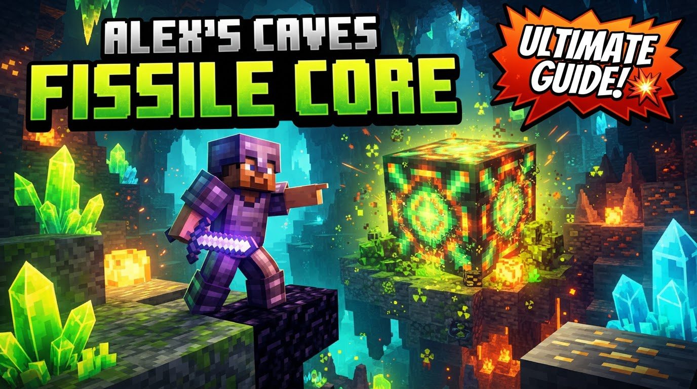 A glowing green Fissile Core block encased in lead, deep within a dark, cave-like structure.