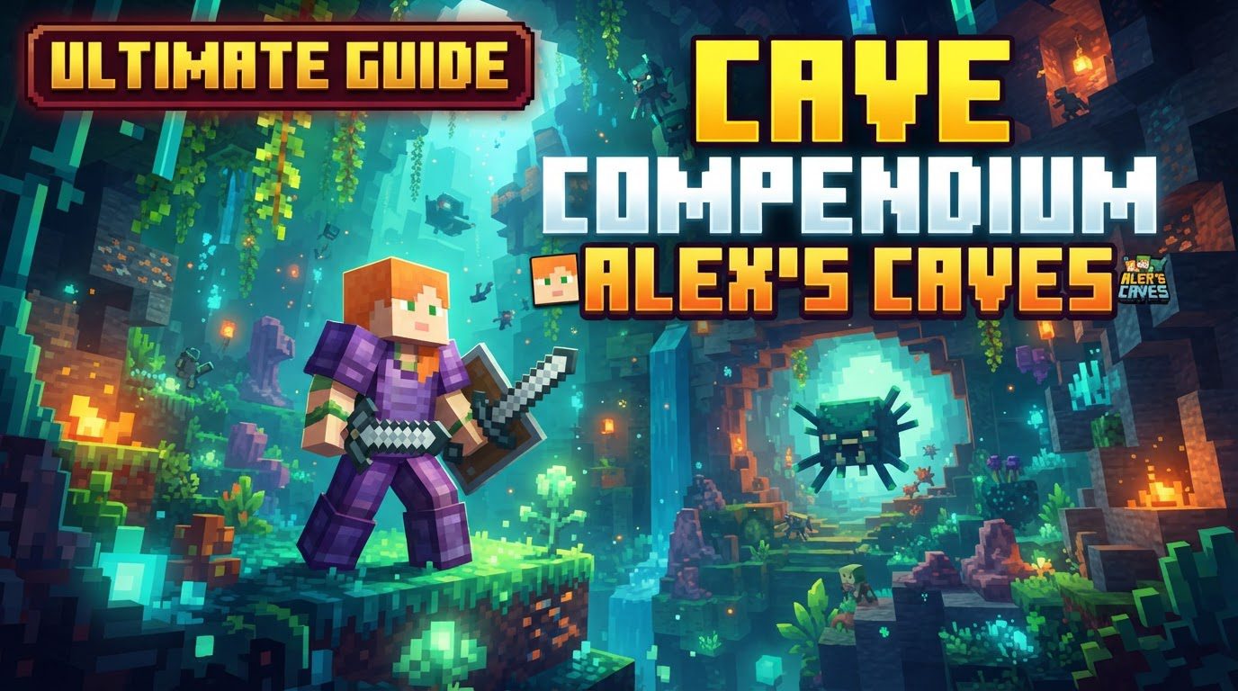 An open book (Cave Compendium) displaying a detailed map of a unique cave biome, surrounded by mining tools and glowing crystals.