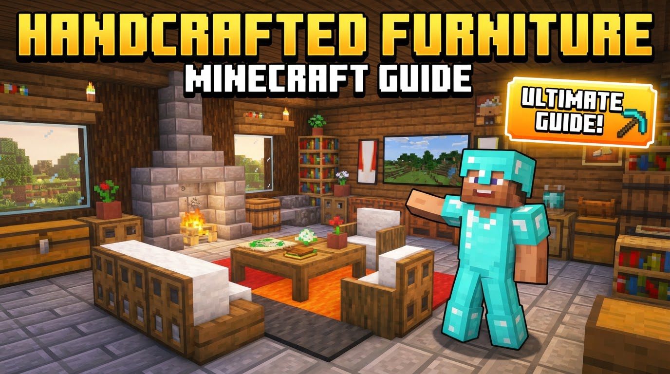 A cozy Minecraft room featuring a wooden table with mugs and plates, comfortable chairs, a custom bed with colorful cushions, and a hanging lantern.