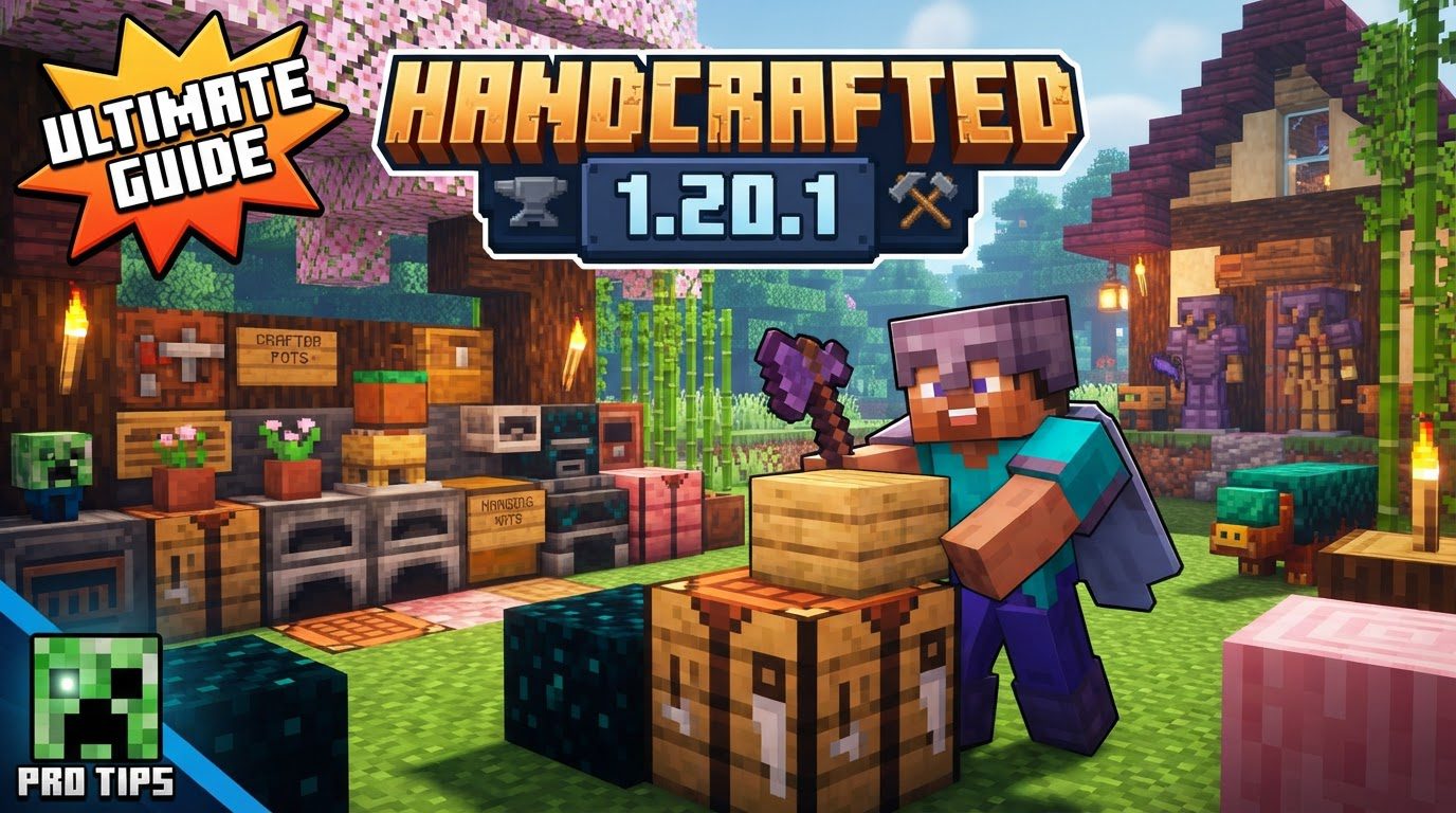 A cozy Minecraft room filled with various decorative furniture pieces like a desk, chair, shelves, and a bed from the Handcrafted mod.