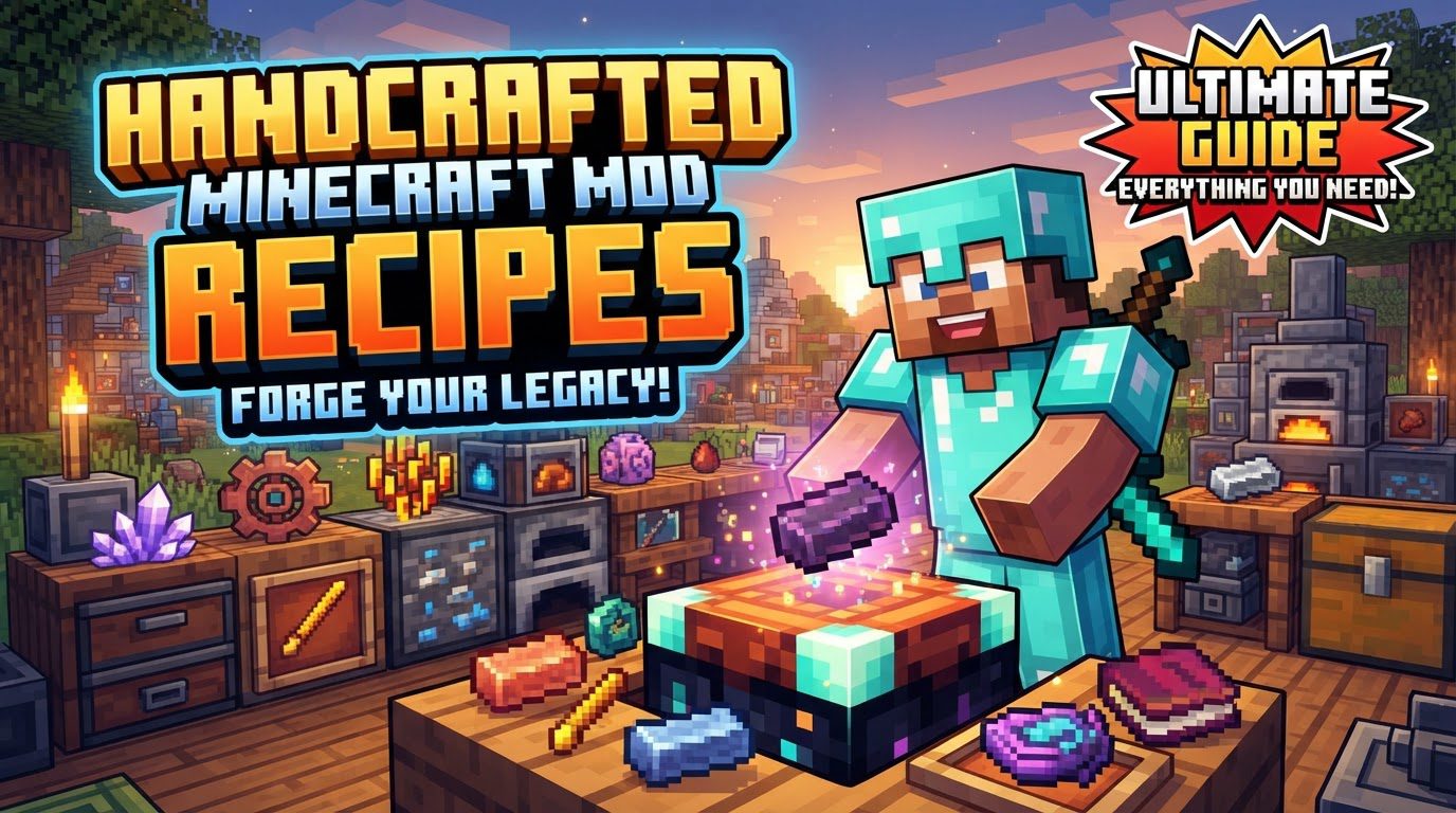 A crafting table UI with a custom pickaxe recipe visible, showing diamonds and sticks arranged to form the pickaxe shape.