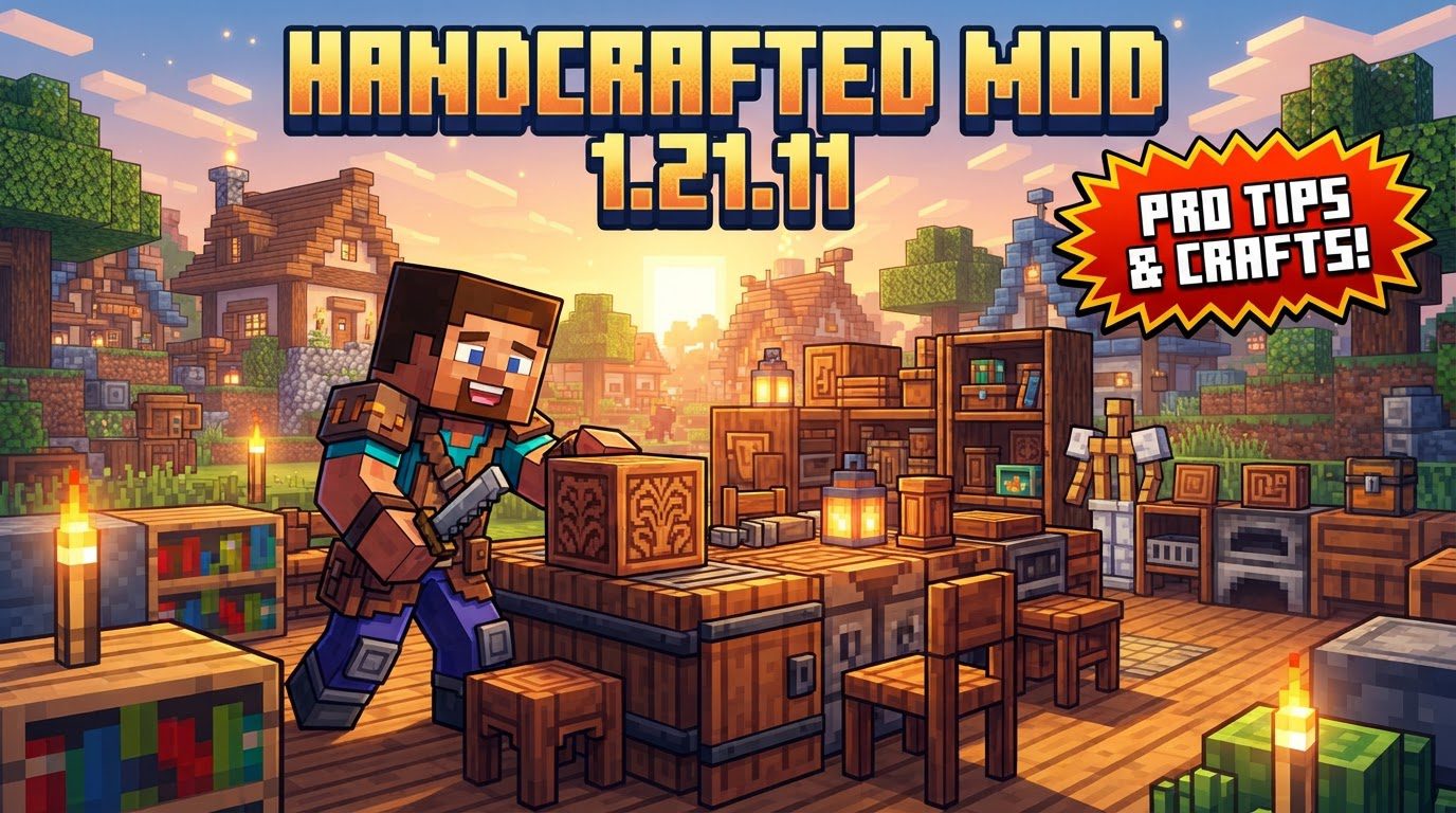 A cozy Minecraft room filled with diverse furniture from the Handcrafted mod, including a detailed bed, a desk with storage, and various chairs, all showcasing different trim styles.