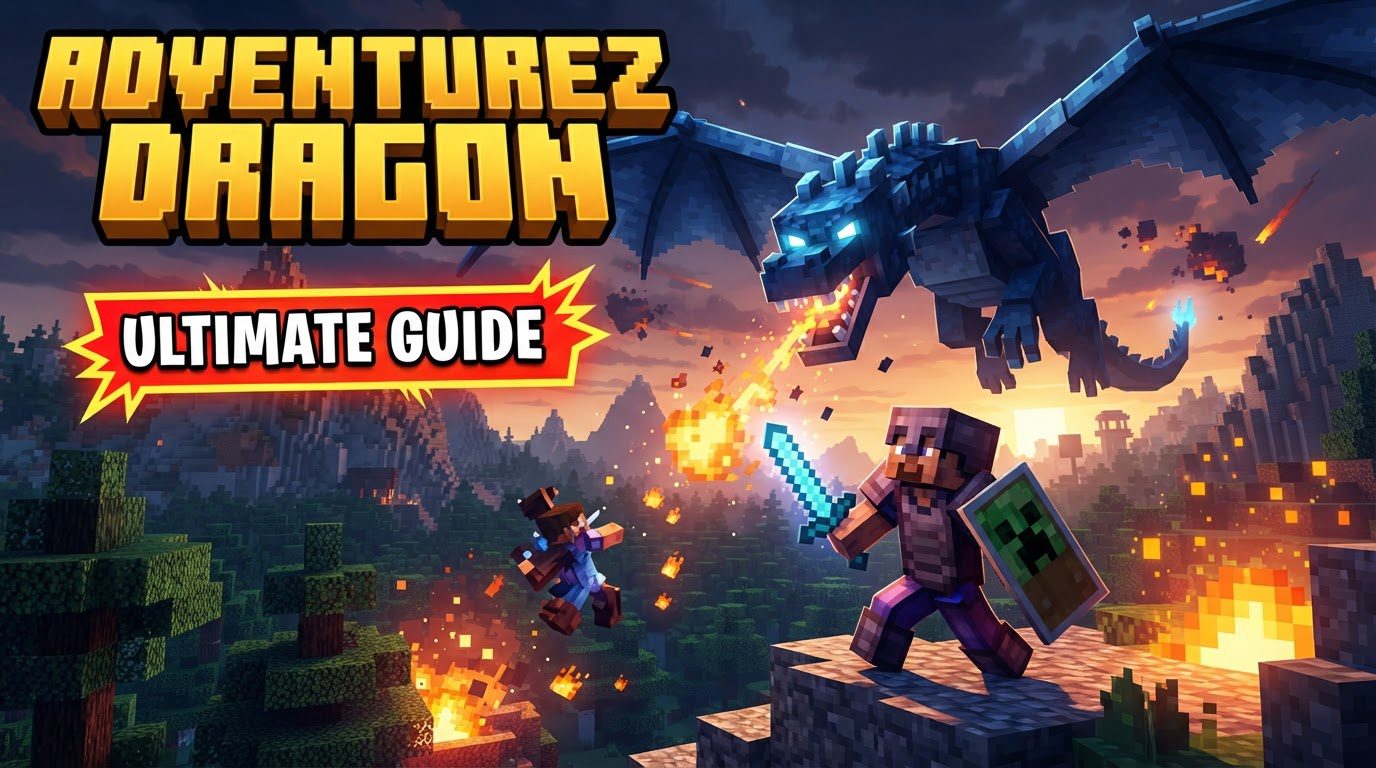 A player riding a large, dark-scaled dragon with glowing eyes, soaring over a Minecraft landscape.