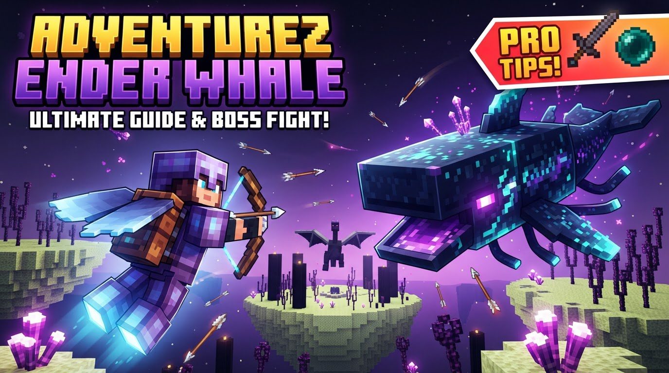 A player riding a large, peaceful Ender Whale through the purple void of the End dimension, with distant End islands visible.