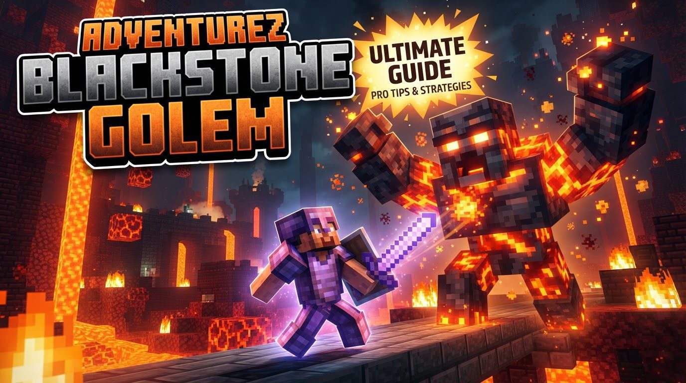 A massive, menacing golem made of dark blackstone, with glowing red eyes, standing in a desolate Nether landscape, surrounded by an intricate, glowing ritual altar.
