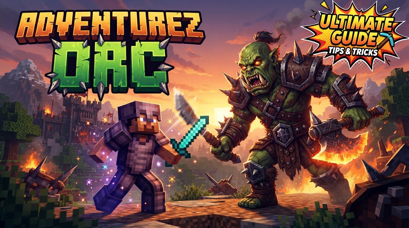 A Minecraft player in iron armor fighting a group of three AdventureZ Orcs (Small, Medium, Large) in a plains biome at dusk.