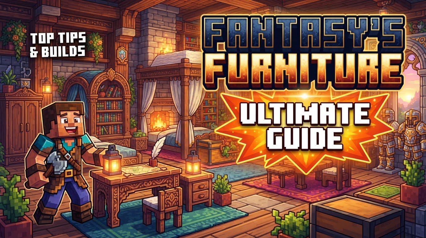 A cozy Minecraft room decorated with various themed furniture pieces, including a royal bed, a Nordic table, and a functional furnace, all illuminated by soft light.