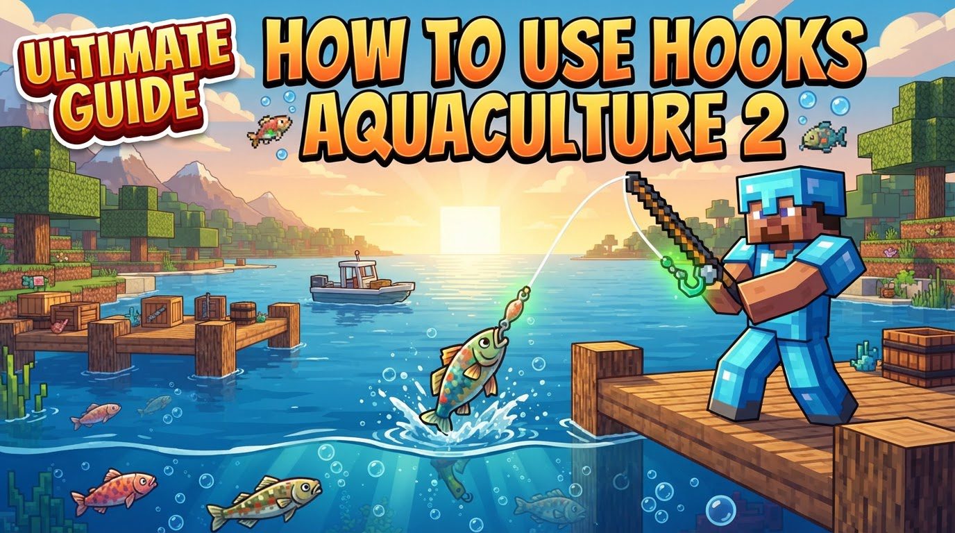 A player interacting with a Tackle Box in a serene Minecraft fishing spot, with a customized fishing rod visible in the GUI.