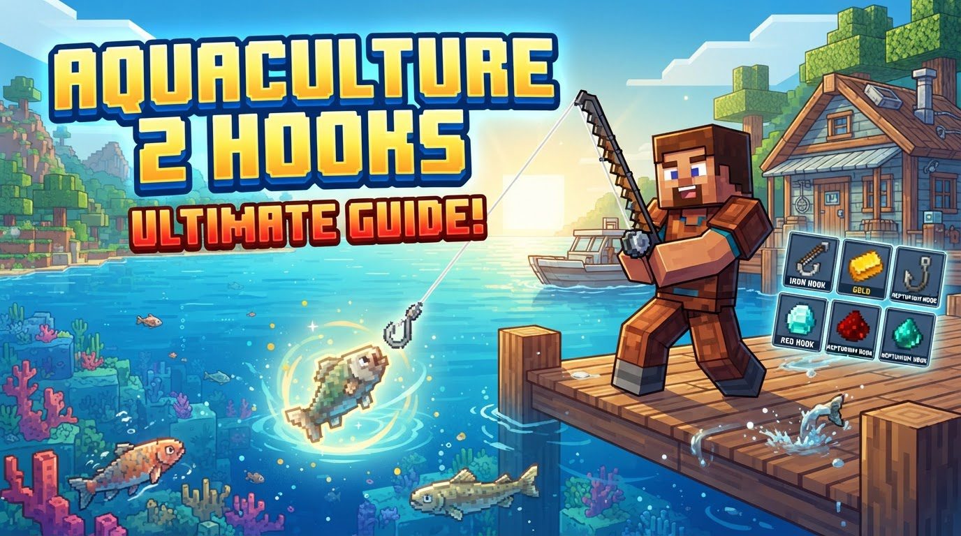 A player interacting with a Tackle Box, placing a shiny gold hook onto a fishing rod in the interface.