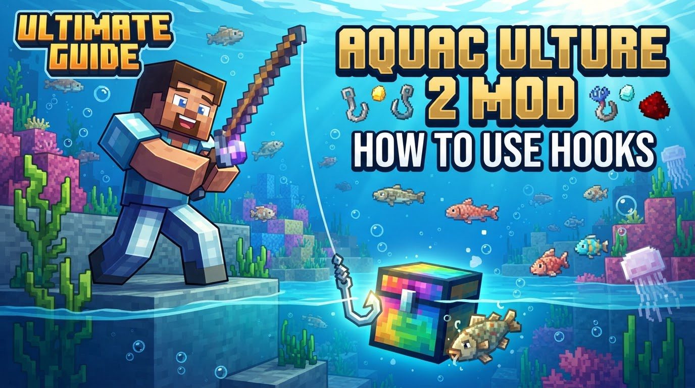 A player stands by a lake in Minecraft, holding a customized fishing rod with a glowing hook. A Tackle Box sits on the ground beside them, open and displaying various fishing accessories.