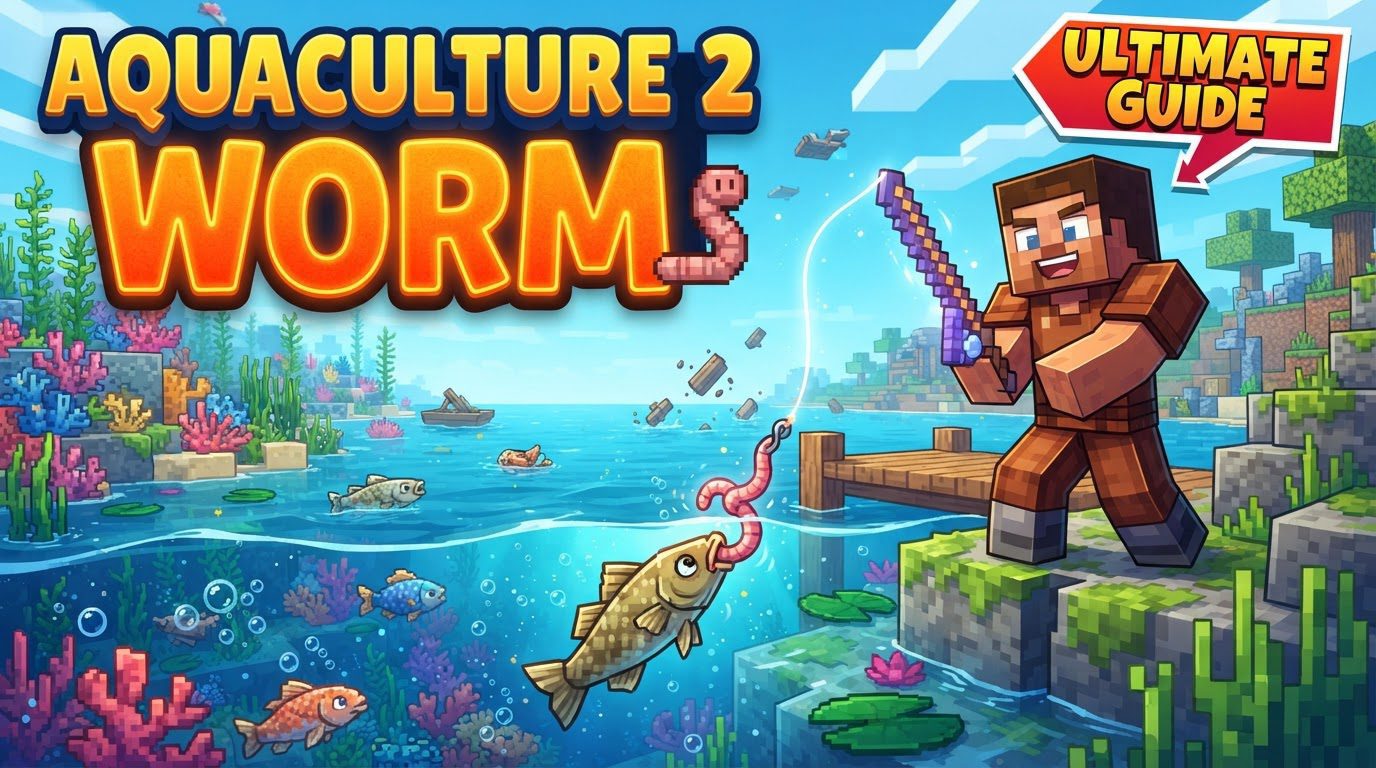 A player character stands beside a Worm Farm, holding a fishing rod, with a Tackle Box visible in the inventory.