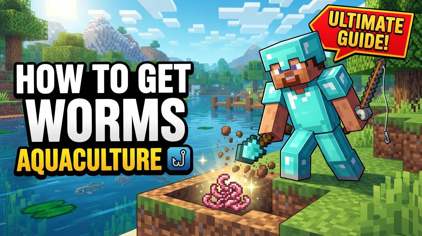 A Minecraft player standing next to a Worm Farm block, which has a few worms visible in its output slot, with a chest nearby.