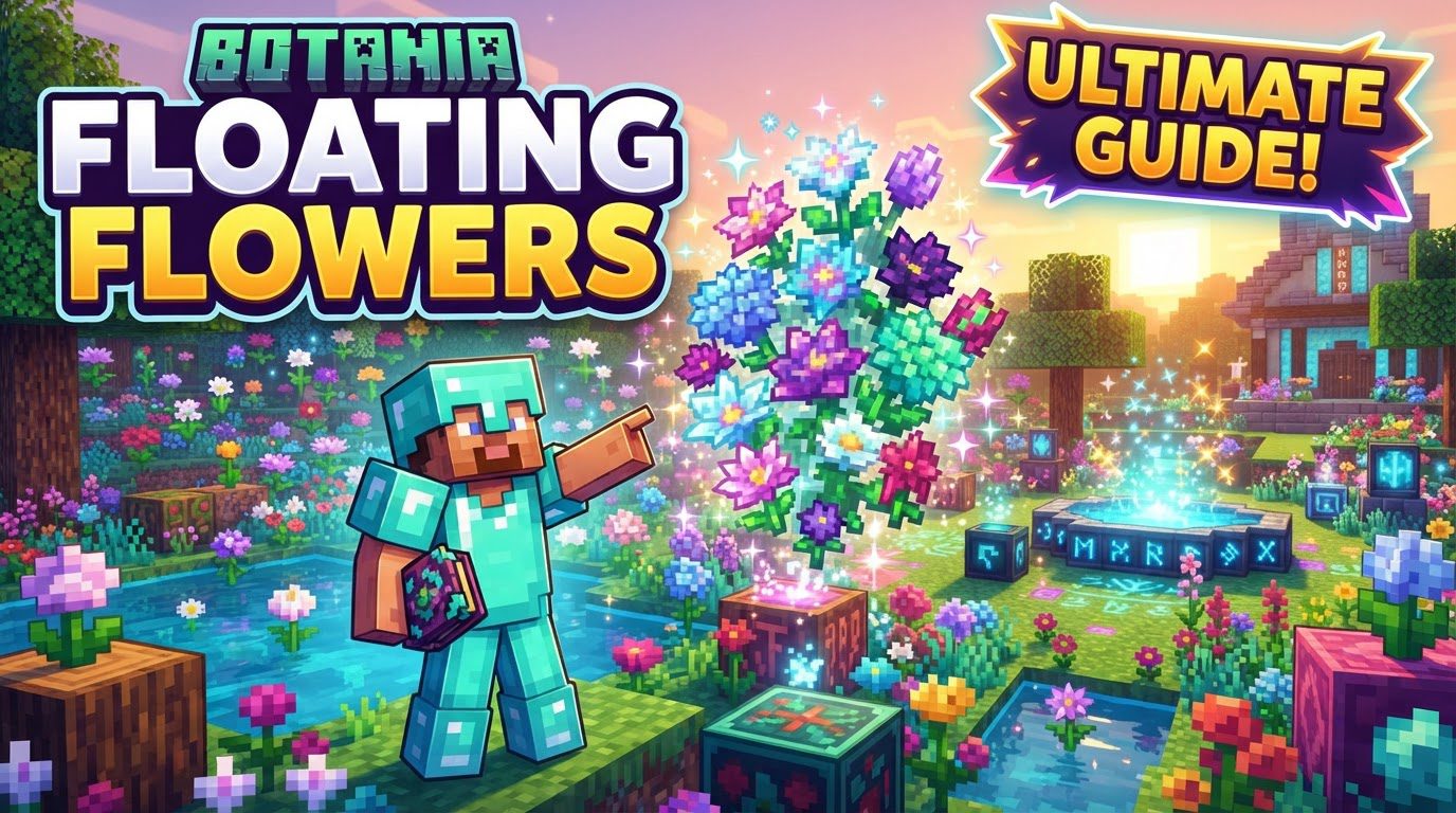 A vibrant magical garden with various Botania flowers suspended in mid-air, generating mana and glowing softly.