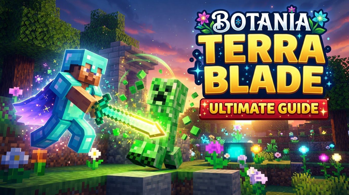 A Minecraft player wielding a glowing green Terra Blade, firing a stream of green mana bursts at a distant hostile mob in a fantastical, flower-filled landscape.