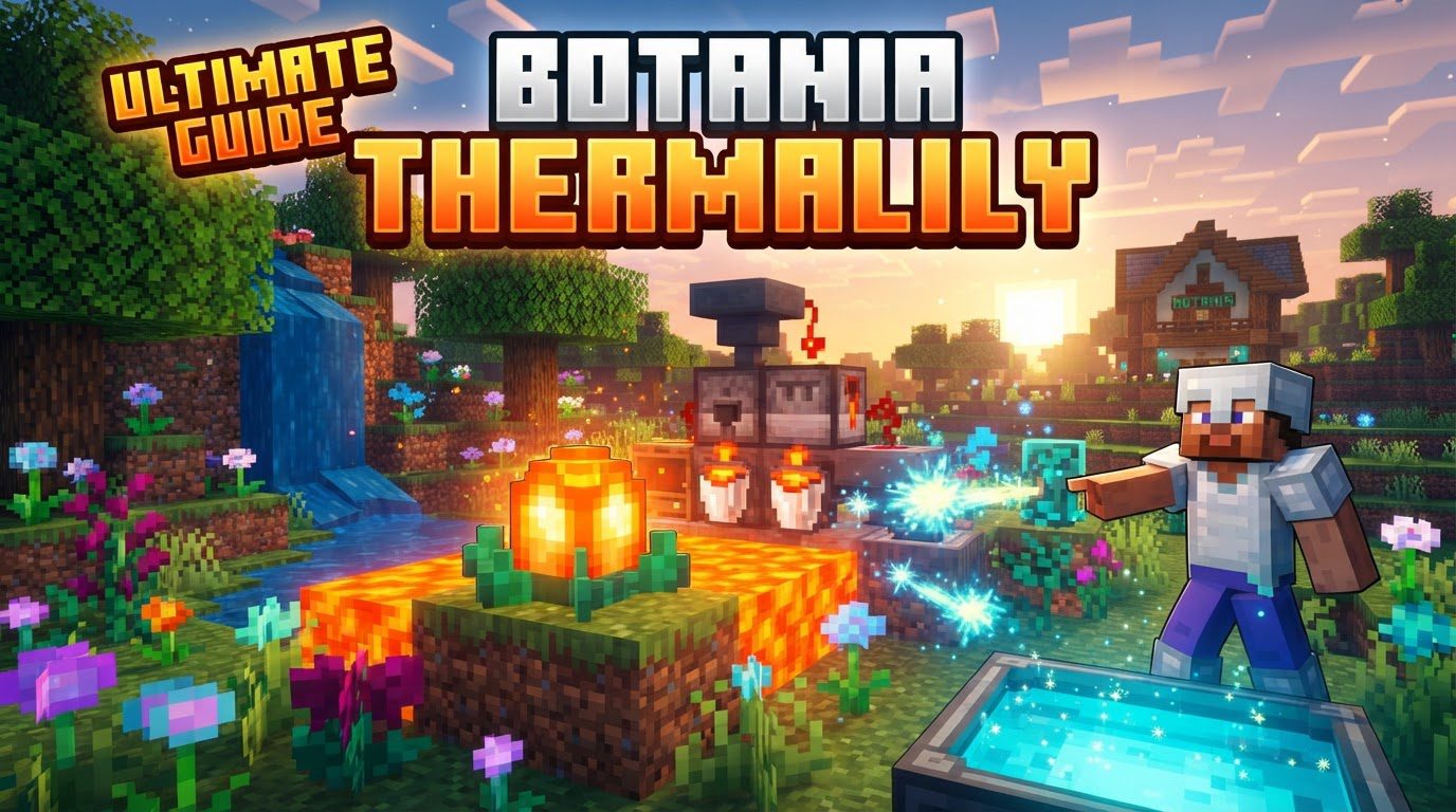 A Botania Thermalily flower surrounded by lava, with a Mana Spreader nearby directing Mana into a Mana Pool.