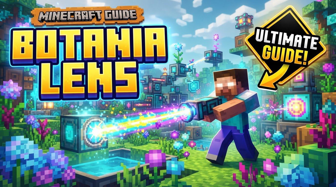 A Mana Spreader with a glowing lens attached, firing a stream of modified mana towards a distant target block in a lush Botania garden.