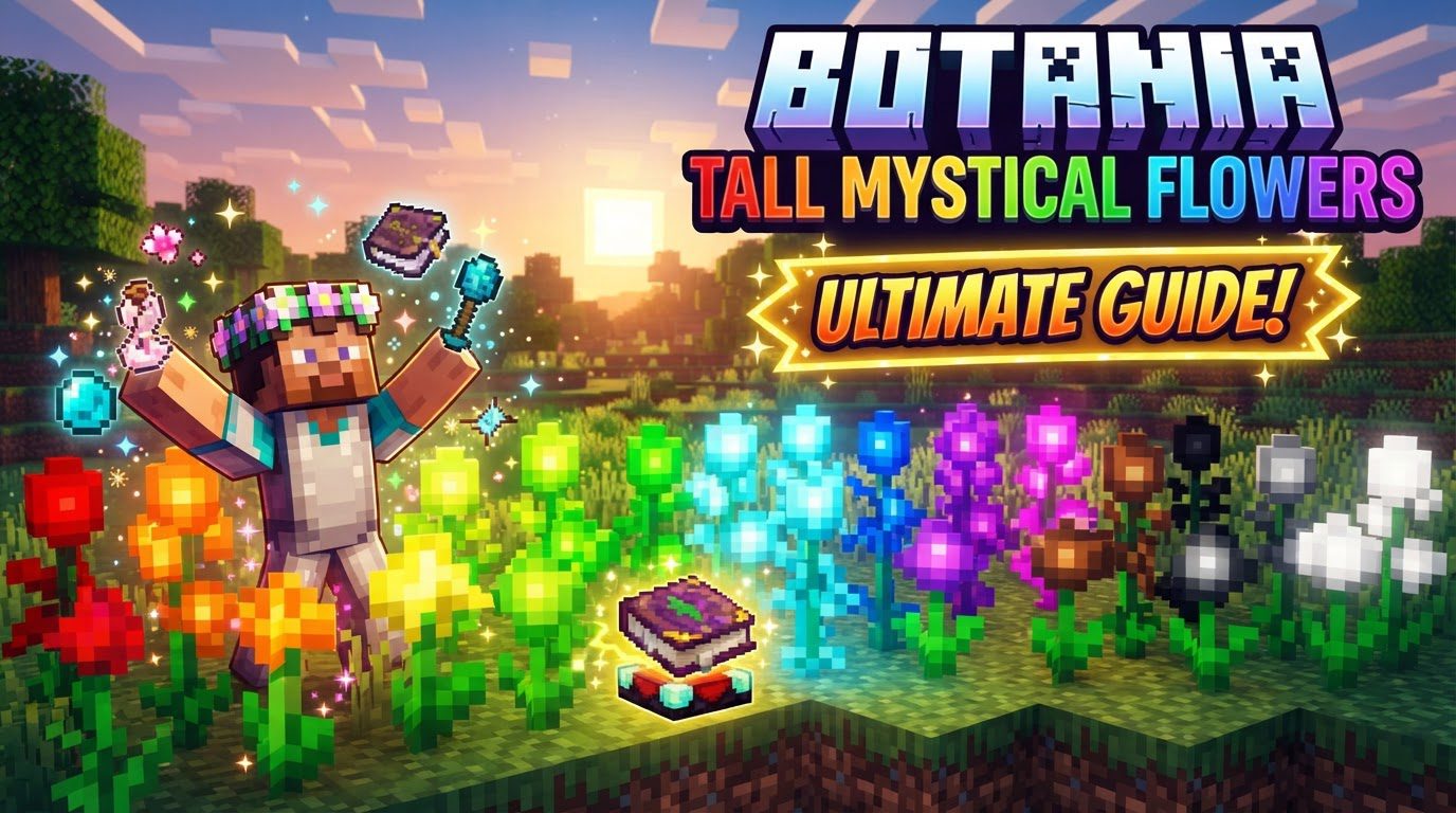 A vibrant field of tall, glowing Botania Mystical Flowers under a clear Minecraft sky, with a player holding shears in the foreground.