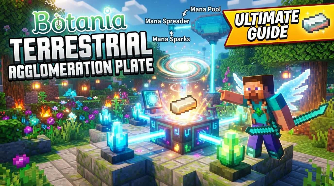 A glowing Terrestrial Agglomeration Plate on a checkerboard of Livingrock and Lapis Lazuli, with particles swirling around a Manasteel Ingot, Mana Pearl, and Mana Diamond, as a Spark hovers above, drawing mana from nearby Mana Pools.