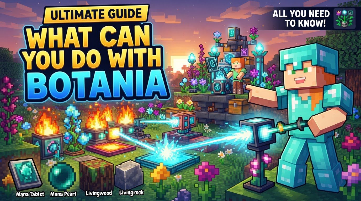 A lush garden filled with diverse, glowing mystical flowers, Mana Spreaders directing streams of energy to a shimmering Mana Pool, and a player consulting the Lexica Botania.