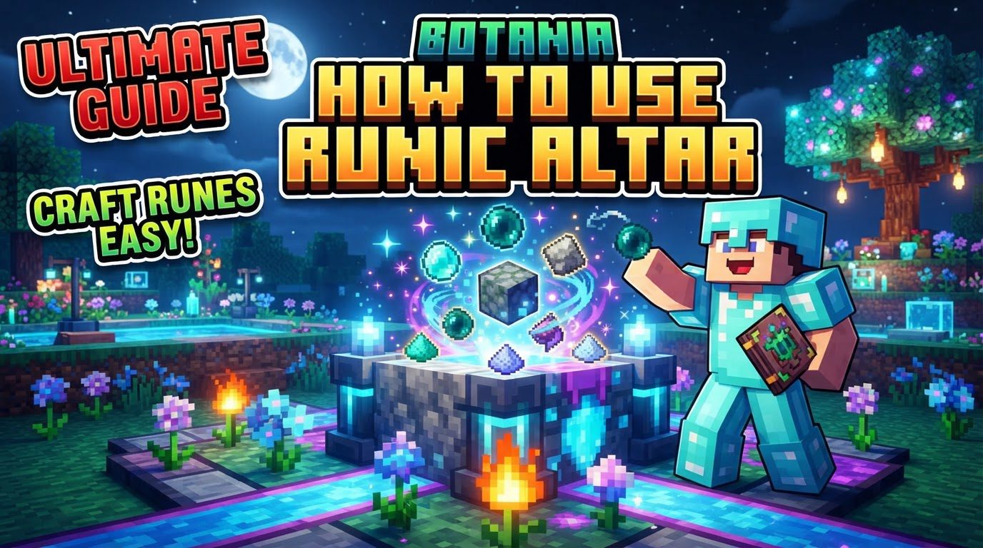A Runic Altar with glowing items orbiting above it, surrounded by Mana Spreaders directing mana from Mana Pools in a mystical garden setting.