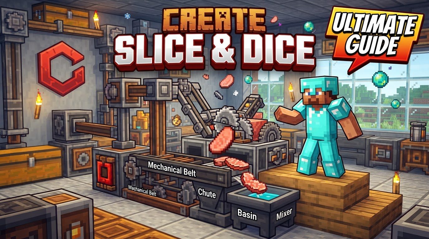 An elaborate automated farm featuring Create mod machinery, with Slicers processing ingredients on belts, Sprinklers irrigating crops, and various food items moving along conveyor systems under a clear Minecraft sky.