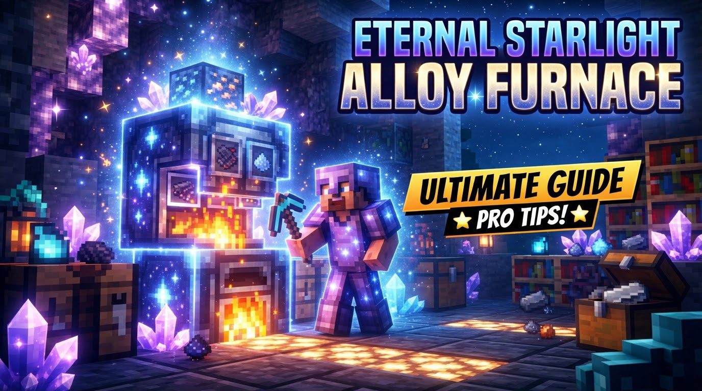 A glowing, intricate furnace surrounded by crafting tables and chests, with a display showing Unrealium Ingots.