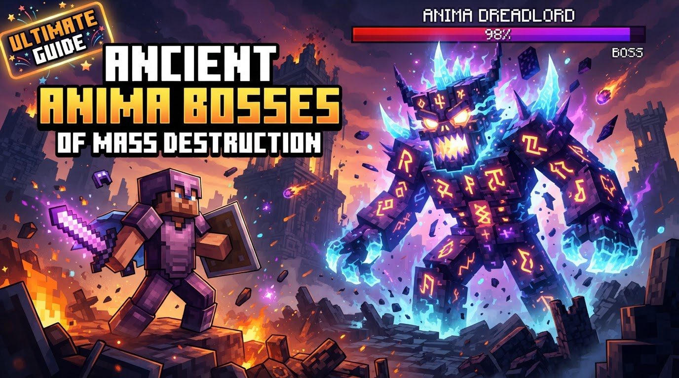 A player in netherite armor dodges a barrage of glowing projectiles from a large, shadowy boss in a dark, ornate arena.