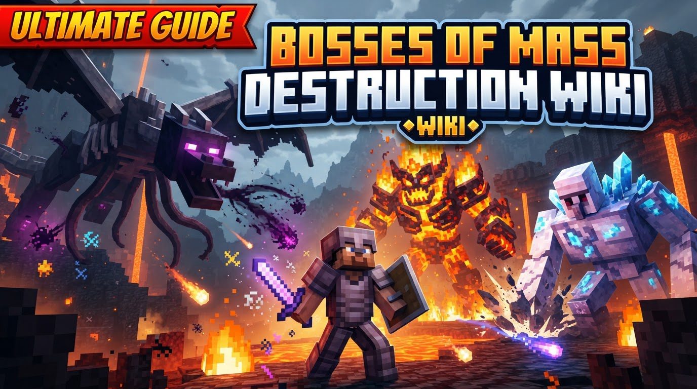 A group of heavily armored Minecraft players preparing to face a colossal, glowing boss creature in a dimly lit, ancient arena.