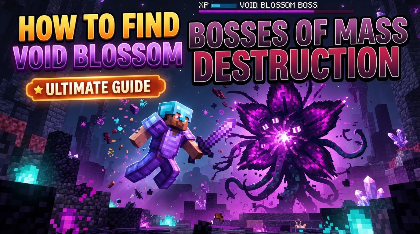 A player in diamond armor, bow drawn, aiming at a massive, glowing purple and green plant boss with thorns protruding, surrounded by smaller glowing flower entities in a deep amethyst-spiked cavern.