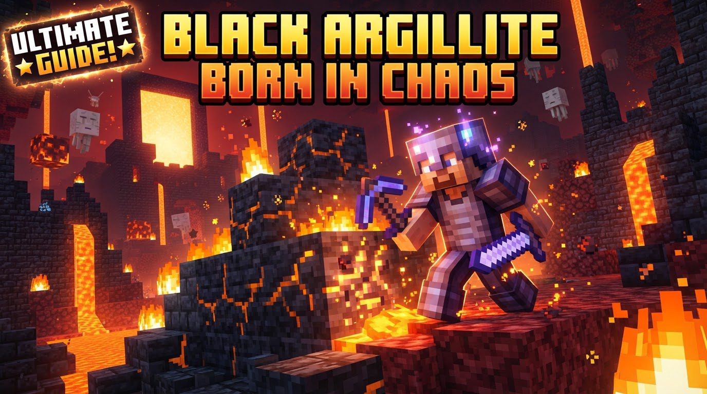 A miner in dark armor, pickaxe in hand, stands before a large deposit of dark, jagged Black Argillite blocks deep within a cavern, with faint glowing eyes of unseen creatures in the background.