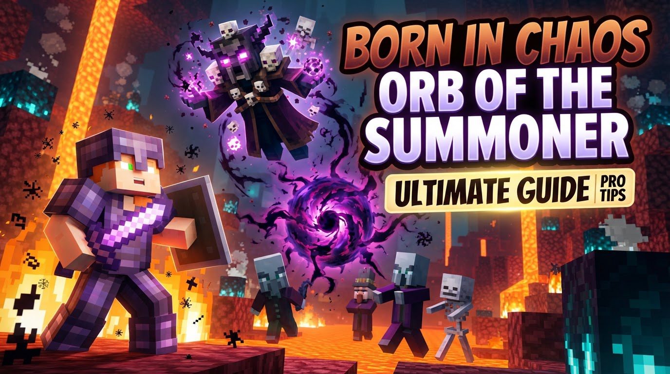 A player in dark, heavy armor stands ready in a gothic Minecraft dungeon, holding a glowing orb.