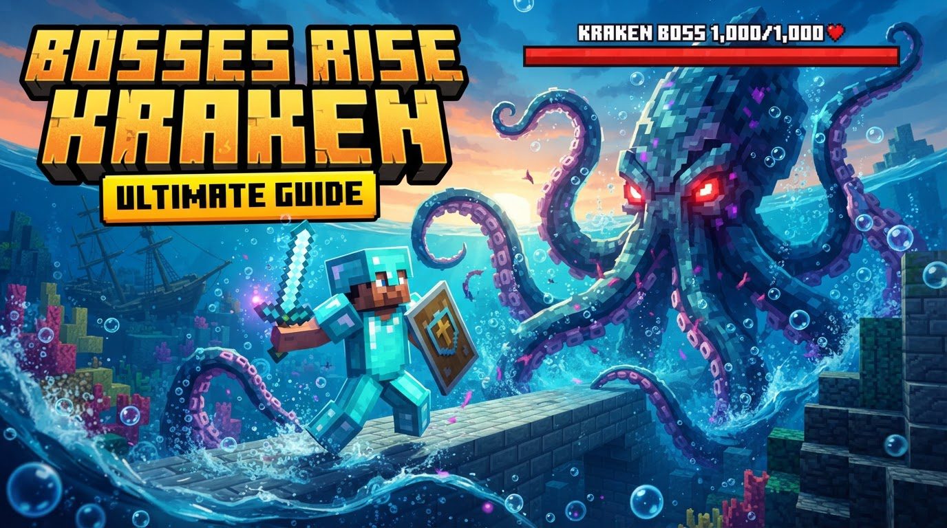 A player in enchanted diamond armor fighting a giant Kraken with multiple tentacles on a sunken ship underwater.