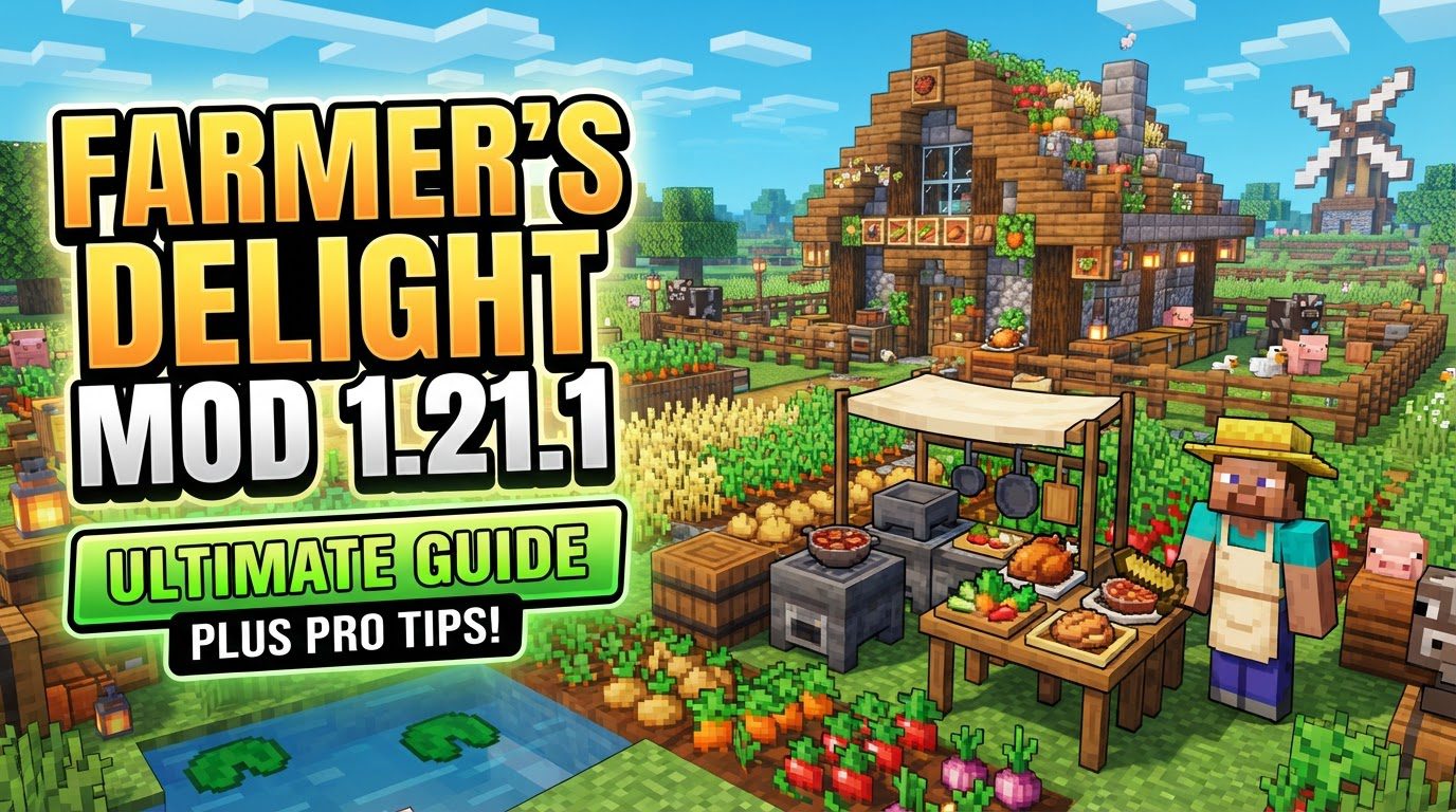 A bustling Minecraft kitchen with a Cutting Board, Cooking Pot over a Stove, and baskets on the floor, surrounded by various wild crops growing in improved soil.