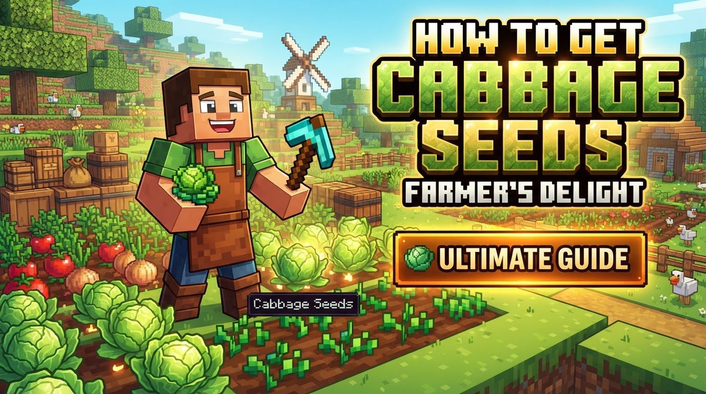 A player harvesting a mature cabbage plant on a farm, with a cutting board and knife nearby.