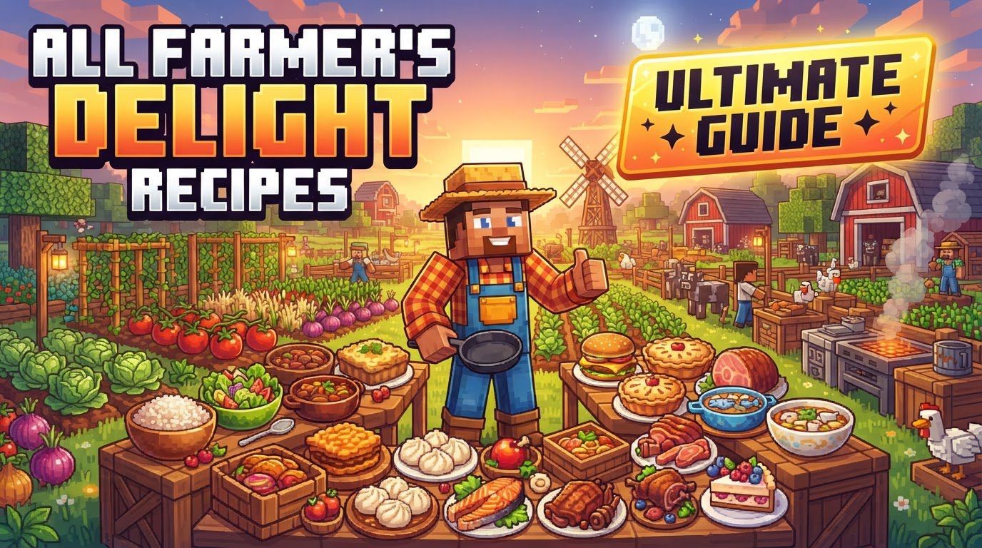 A bustling Minecraft kitchen filled with various Farmer's Delight cooking stations, fresh crops, and a player admiring a feast on a table.