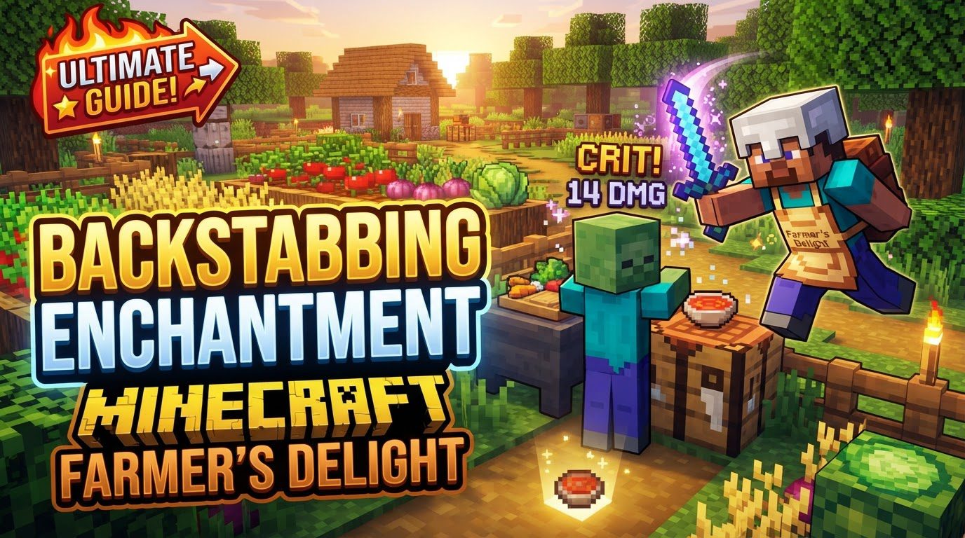 A Minecraft player in a farm setting, holding a knife with glowing enchantment effects, stealthily approaching a distracted zombie from behind.