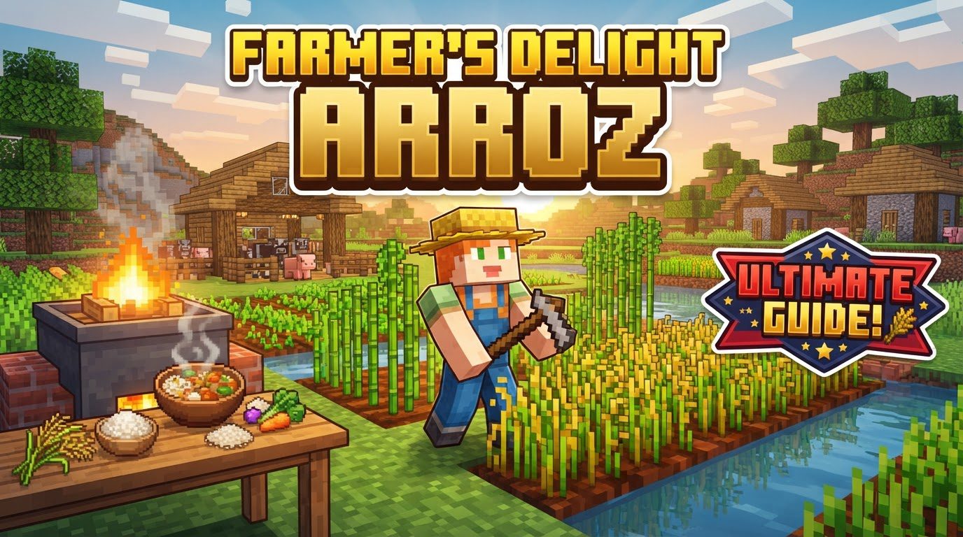 A lush green Minecraft rice paddy with mature yellow panicles, surrounded by water and lit by sunlight.