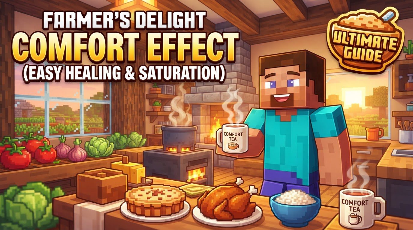 A player character holding a bowl of soup in a cozy, rustic kitchen from the Farmer's Delight mod, with steam rising from the bowl.