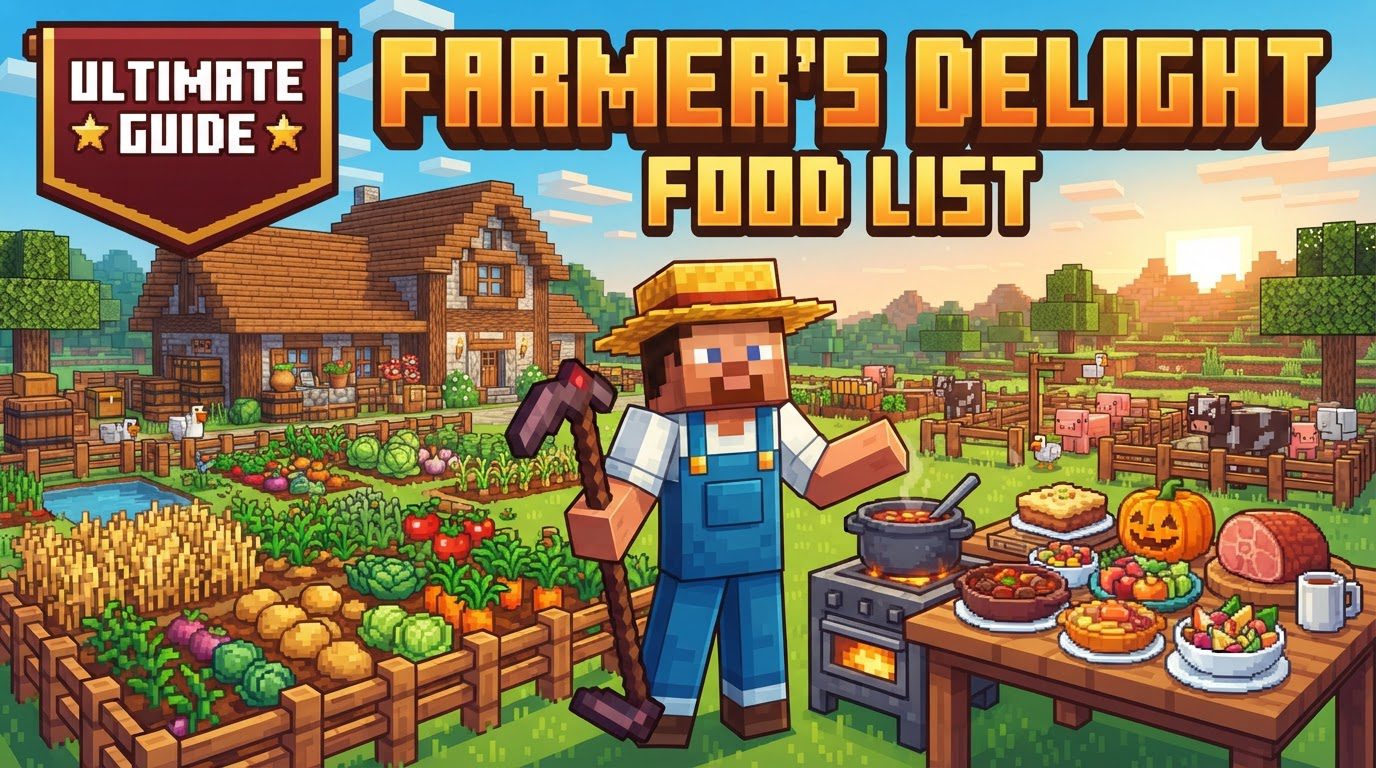 A bustling Minecraft kitchen scene with various Farmer's Delight cooking stations, new crops on display, and a feast laid out on a table.
