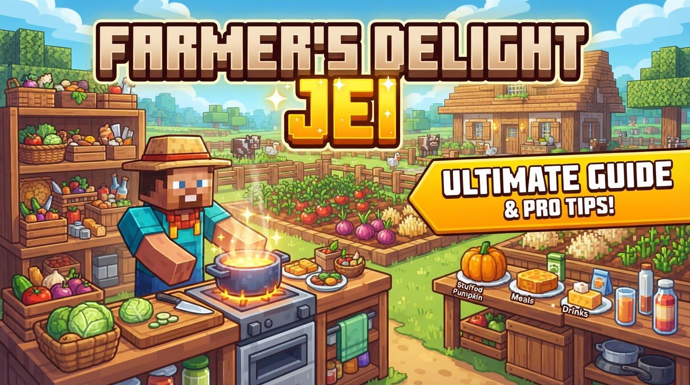 A player character stands in a cozy Minecraft kitchen, looking at the Just Enough Items (JEI) recipe interface open on their screen, displaying a Farmer's Delight cooking pot recipe.