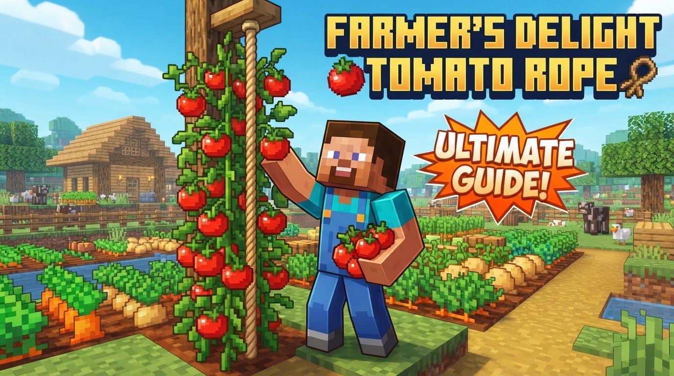 A compact, multi-level Minecraft farm featuring rows of tomato vines climbing ropes, laden with ripe red tomatoes.