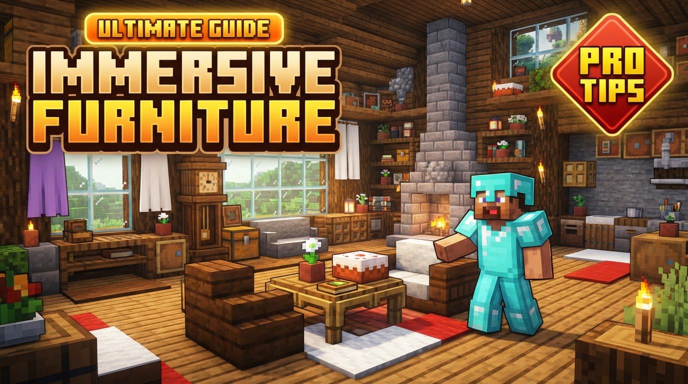 A player crafting a custom wooden chair at an Artisan's Workstation in a decorated Minecraft room.